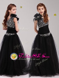 One Shoulder Tulle Sleeveless Floor Length Flower Girl Dress and Beading and Bowknot