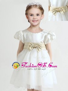 Free and Easy White Scoop Neckline Bowknot Flower Girl Dress Short Sleeves Zipper