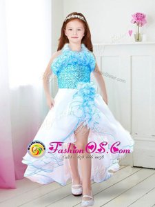 White and Aqua Blue Organza Zipper Halter Top Sleeveless High Low Toddler Flower Girl Dress Ruffles