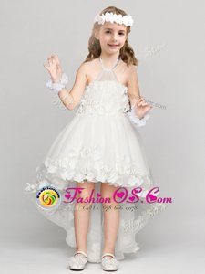 Halter Top Sleeveless Flower Girl Dresses for Less High Low Appliques and Bowknot White Organza