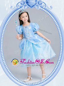 Fashion Square Tea Length A-line Short Sleeves Light Blue Toddler Flower Girl Dress Zipper