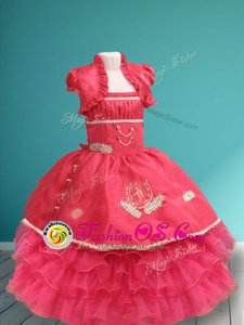 Elegant Coral Red Flower Girl Dresses Party and Quinceanera and Wedding Party and For with Appliques and Ruffled Layers Spaghetti Straps Sleeveless Lace Up