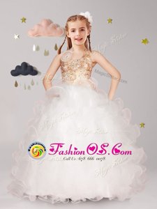 Fancy Halter Top Floor Length Ball Gowns Sleeveless White Toddler Flower Girl Dress Lace Up