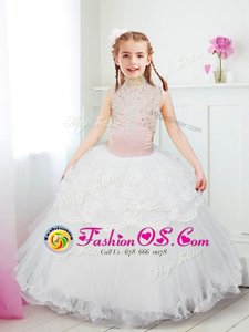Floor Length White Flower Girl Dress Halter Top Sleeveless Zipper