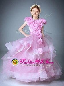 Scoop Sleeveless Flower Girl Dress Floor Length Hand Made Flower Baby Pink Tulle