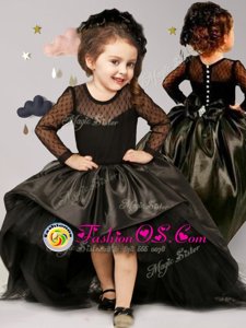 Best Black Ball Gowns Taffeta and Tulle Scoop Long Sleeves Bowknot With Train Clasp Handle Toddler Flower Girl Dress Brush Train