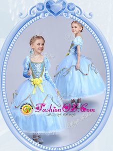 Dazzling Scoop Short Sleeves Side Zipper Tea Length Beading and Sequins and Hand Made Flower Toddler Flower Girl Dress