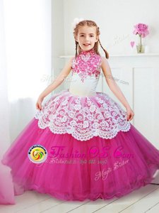 Halter Top Hot Pink High-neck Zipper Beading and Lace Flower Girl Dress Sleeveless