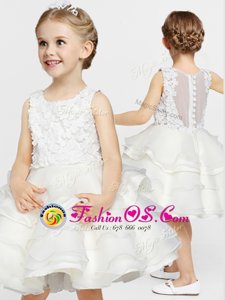 Hot Selling White Scoop Neckline Appliques and Ruffles Flower Girl Dresses for Less Sleeveless Clasp Handle