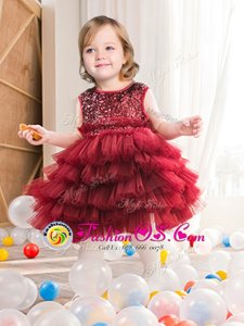 New Arrival Scoop Ruffled Layers and Sequins Toddler Flower Girl Dress Wine Red Zipper Sleeveless Mini Length