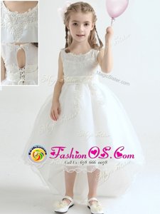 White Scoop Lace Up Appliques Flower Girl Dresses for Less Sleeveless