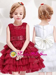 Trendy Scoop Sleeveless Tulle Flower Girl Dress Ruffled Layers and Sequins and Bowknot Zipper