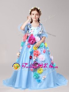 Superior Tulle Half Sleeves With Train Flower Girl Dress Brush Train and Hand Made Flower