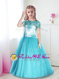 Best Floor Length Turquoise Flower Girl Dresses Scoop Short Sleeves Zipper