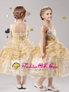 Gold Ball Gowns Straps Sleeveless Organza Tea Length Zipper Pick Ups and Hand Made Flower Flower Girl Dress