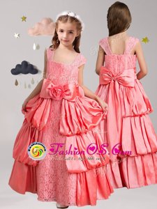 Watermelon Red Zipper Straps Pick Ups and Bowknot and Hand Made Flower Flower Girl Dresses for Less Taffeta and Lace Cap Sleeves