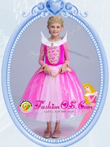 Hot Pink Tulle Side Zipper Scoop Long Sleeves Tea Length Flower Girl Dresses Beading