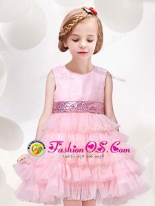 Simple Scoop Sleeveless Tulle Flower Girl Dresses Ruffled Layers and Sequins and Bowknot Zipper