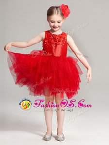 Elegant Scoop Red Sleeveless Appliques and Ruffles Mini Length Flower Girl Dresses