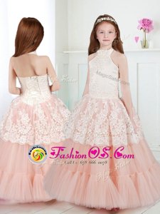 White and Peach Tulle Zipper Halter Top Sleeveless Floor Length Toddler Flower Girl Dress Beading and Lace