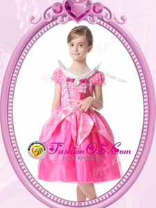 Clasp Handle V-neck Short Sleeves Flower Girl Dresses for Less Knee Length Beading and Hand Made Flower Hot Pink Organza