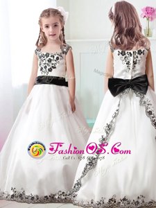 Straps White Sleeveless Appliques and Belt Floor Length Flower Girl Dresses for Less