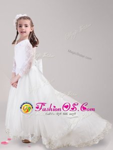 Dramatic Scoop Long Sleeves Tulle With Brush Train Zipper Flower Girl Dresses in White for with Lace and Bowknot