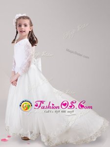 Dramatic Scoop Long Sleeves Tulle With Brush Train Zipper Flower Girl Dresses in White for with Lace and Bowknot