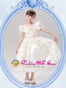 New Style Scoop White Taffeta Zipper Toddler Flower Girl Dress Short Sleeves Tea Length Beading