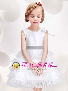 Shining Tulle Scoop Sleeveless Zipper Ruffled Layers and Sequins and Bowknot Flower Girl Dresses in White