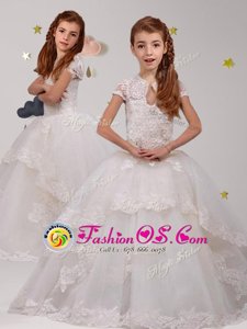 Stylish Scoop Lace Flower Girl Dresses White Backless Short Sleeves With Brush Train
