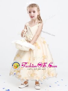 A-line Flower Girl Dress Champagne Straps Organza Sleeveless Ankle Length Zipper