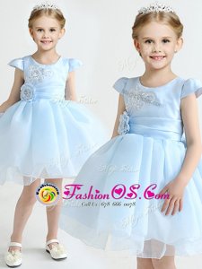 New Style Scoop Cap Sleeves Organza Mini Length Zipper Toddler Flower Girl Dress in Light Blue for with Appliques and Bowknot and Hand Made Flower