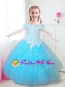 Edgy Aqua Blue Off The Shoulder Neckline Beading and Appliques Toddler Flower Girl Dress Cap Sleeves Zipper