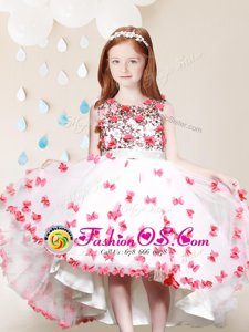 Excellent Scoop Sleeveless High Low Lace and Appliques Zipper Flower Girl Dress with White And Red