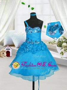 Knee Length Baby Blue Little Girl Pageant Dress Sweetheart Sleeveless Lace Up