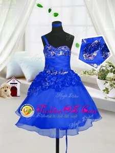 Blue A-line Beading and Hand Made Flower Little Girl Pageant Dress Lace Up Organza Sleeveless Knee Length
