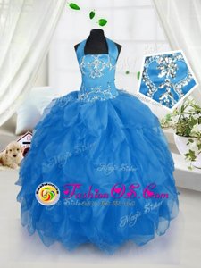Halter Top Baby Blue Organza Lace Up Little Girls Pageant Dress Wholesale Sleeveless Floor Length Appliques and Ruffles