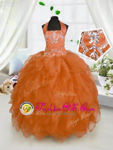 Halter Top Orange Red Sleeveless Beading and Ruffles Floor Length Little Girl Pageant Dress