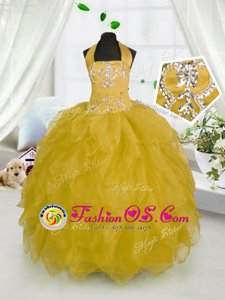 Floor Length Gold Girls Pageant Dresses Halter Top Sleeveless Lace Up