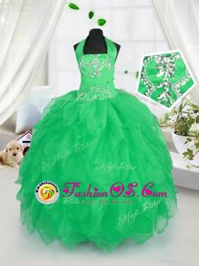Halter Top Apple Green Lace Up Kids Formal Wear Appliques and Ruffles Sleeveless Floor Length
