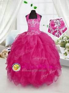 Halter Top Sleeveless Appliques and Ruffles Lace Up Kids Pageant Dress
