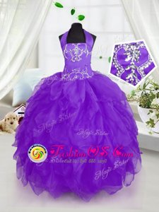 Halter Top Sleeveless Floor Length Appliques and Ruffles Lace Up Kids Pageant Dress with Purple