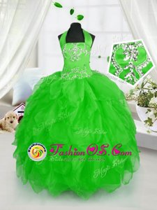 Latest Organza Halter Top Sleeveless Lace Up Appliques and Ruffles Pageant Gowns For Girls in