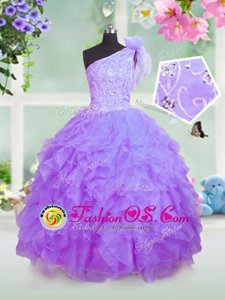 Simple One Shoulder Lavender Sleeveless Beading and Ruffles Floor Length Kids Formal Wear