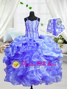 Custom Made Eggplant Purple Ball Gowns Beading and Ruffles Little Girls Pageant Dress Lace Up Organza Sleeveless Floor Length