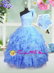 One Shoulder Sleeveless Organza Little Girls Pageant Dress Wholesale Beading and Ruffles Lace Up