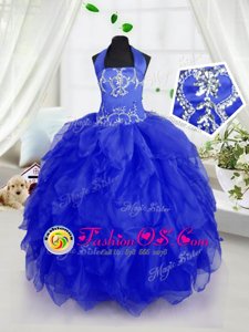 Halter Top Organza Sleeveless Floor Length Little Girls Pageant Gowns and Appliques and Ruffles