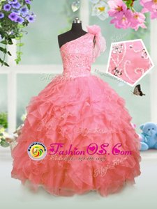 One Shoulder Organza Sleeveless Floor Length Pageant Gowns For Girls and Beading and Ruffles