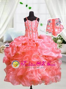 Attractive Beading and Ruffles Little Girl Pageant Dress Watermelon Red Lace Up Sleeveless Floor Length